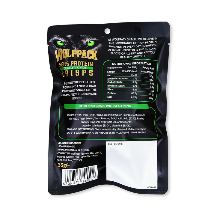 Wolfpack Protein Crisps 12 x 35g Cheese and Onion, additional product view 2