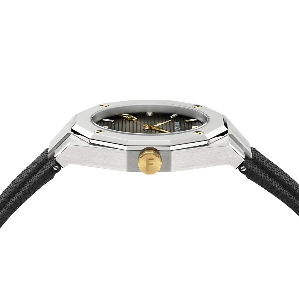 Ferragamo Men's F-80 Tonneau Analogue Quartz Watch in Black/Silver, additional product view 2