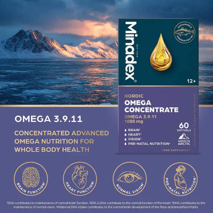 Minadex Nordic Omega Concentrate 60 Softgels, Omega 3-9-11 1080mg, additional product view 3