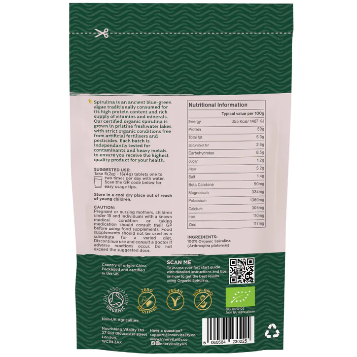 INNER VITALITY Organic Spirulina 500x Tablets - 500 Count detail 2
