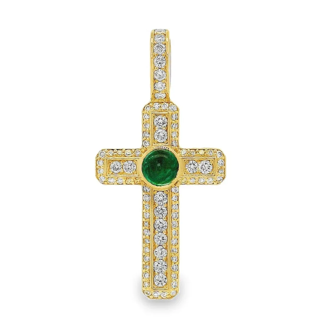 RINA - For Him CUSTOM Diamond Pave Cross With Bezel Set Green Emerald Cabochon 71001 – Pendant