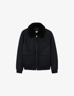 SANDRO Shearling-Collar Wool-Blend Aviator Jacket