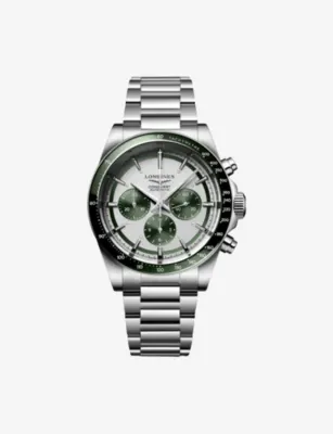 LONGINES L3.835.4.02.6 Conquest Chronograph Ceramic Bezel Matt Green Stainless-Steel Automatic Watch in STAINLESS STEEL – Jewellery & Watches | Mens luxury watches