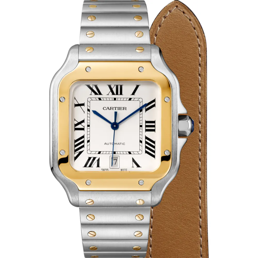 Cartier Santos De Cartier Watch Large Model, Automatic Movement, Yellow Gold, Steel, Interchangeable Metal And Leather Bracelets detail 2