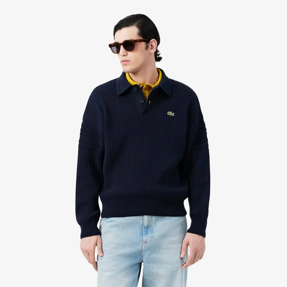 Lacoste Men's Rugby Cotton Long-Sleeve Ribbed Knit Polo Shirt detail 2