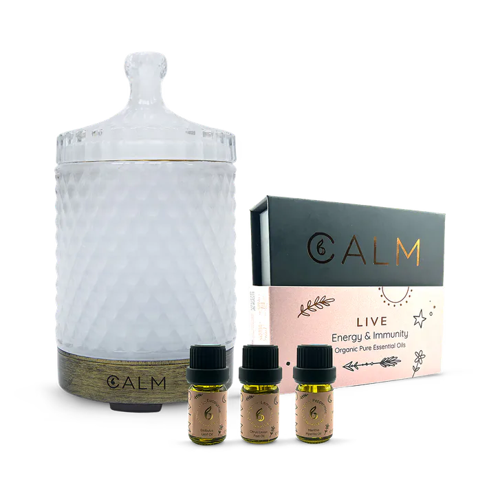 B Calm Aroma Diffuser with Energy & Immunity Essential Oil Set‚ Eucalyptus, Lemon & Peppermint 5ml x 3‚ Live Calm