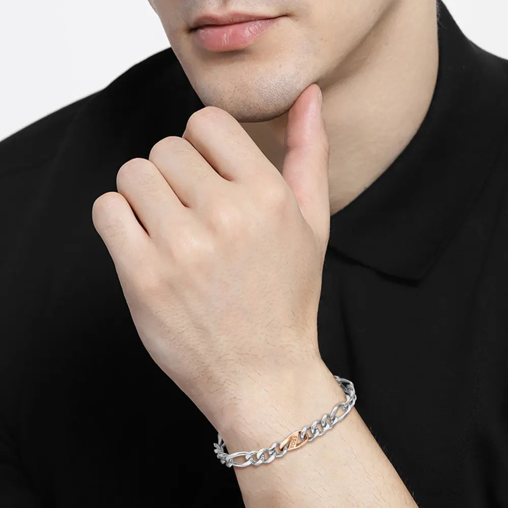 BOSS Gents BOSS Rian Stainless Steel and Rose Gold IP Figaro Bracelet detail 2