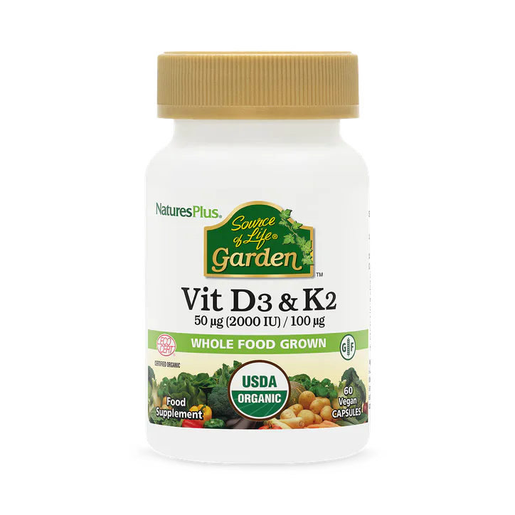 NaturesPlus Source of Life Garden Organic Vitamin D3 2000 IU & K2 100 Mcg Vegan Capsules