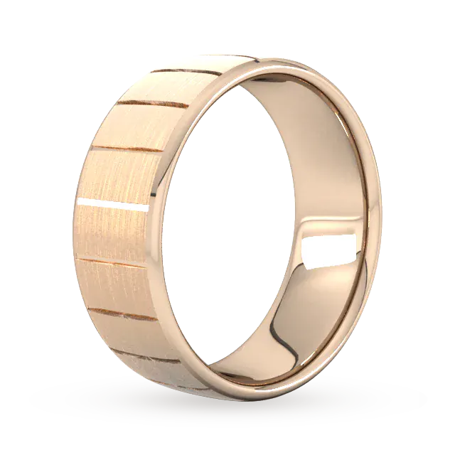 For Him 8mm Flat Court Heavy Vertical Lines Wedding Ring In 18 Carat Rose Gold detail 2