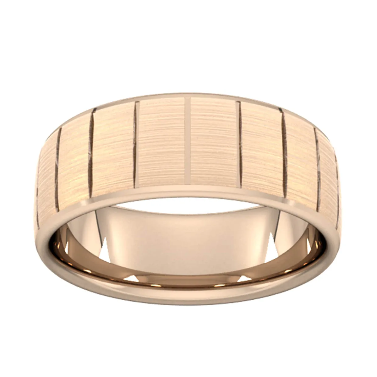 For Him 8mm Flat Court Heavy Vertical Lines Wedding Ring In 18 Carat Rose Gold