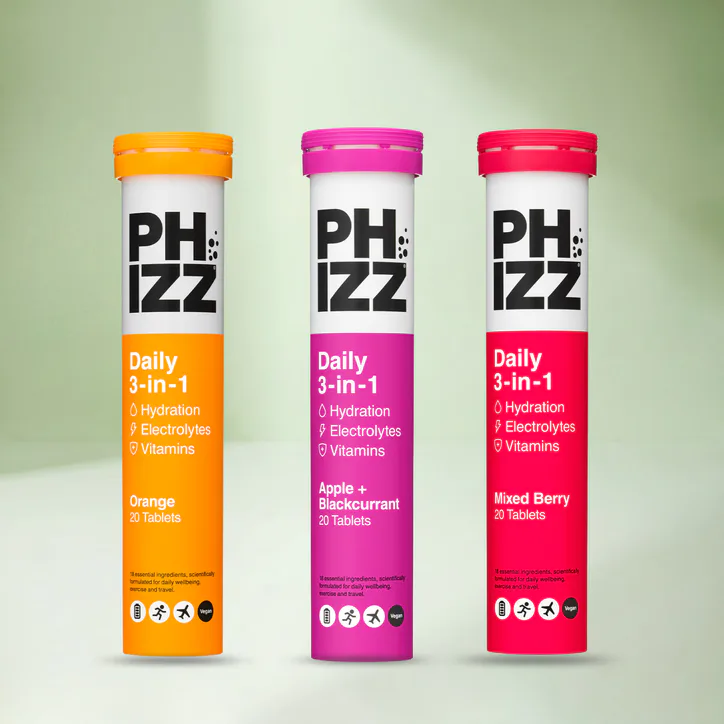 Phizz Daily Energy 3-In-1 Formula, Hydration, Electrolytes & Vitamins Effervescent Tablets Mixed Flavours 3 x 20 Tablets Bundle