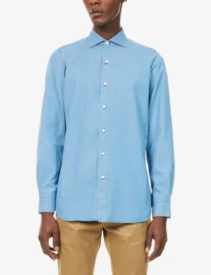 FINAMORE Classic-Collar Long-Sleeve Cotton Chambray Shirt - 15.75 in BLU DENIM, additional product view 3