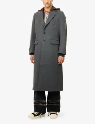 KHOKI Suede-Insert Hooded Wool Coat in GRAY, additional product view 3