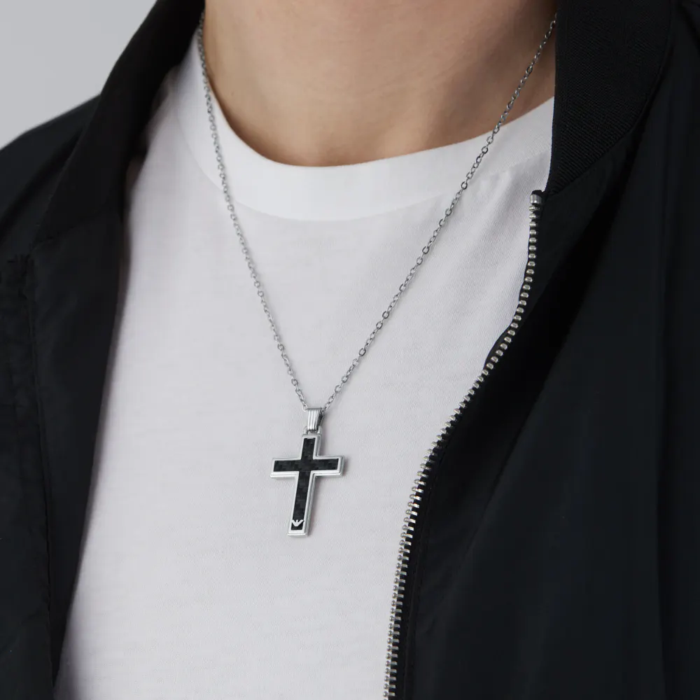 Emporio Armani Men's Carbon Fibre Cross Necklace EGs1705040 detail 2