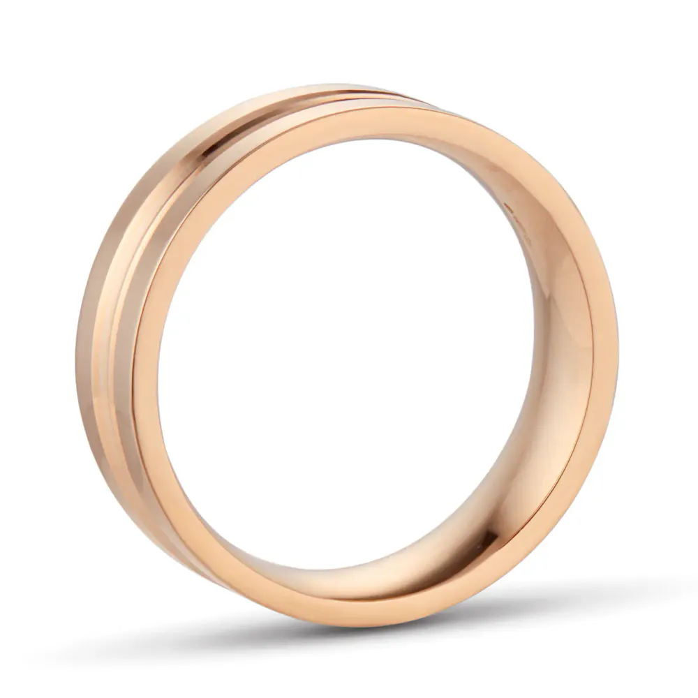 For Him 6mm Flat Court Heavy Grooved Polished Finish Wedding Ring In 18 Carat Rose Gold detail 2