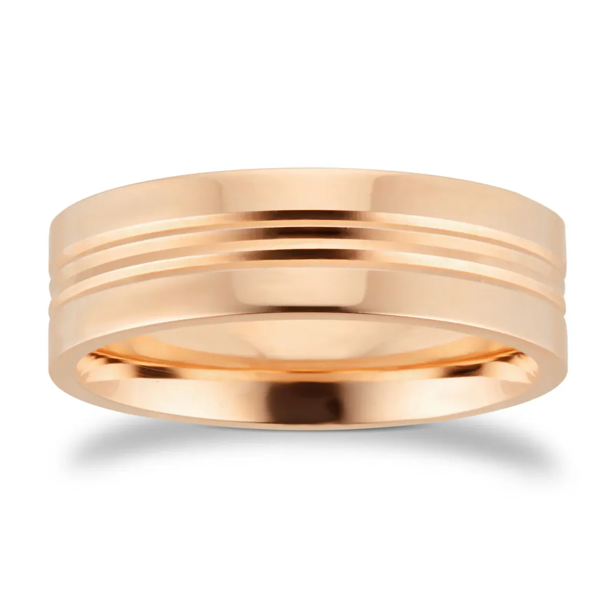 For Him 6mm Flat Court Heavy Grooved Polished Finish Wedding Ring In 18 Carat Rose Gold