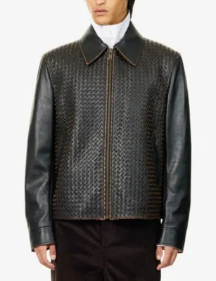 BOTTEGA VENETA Regular-Fit Intrecciato Leather Jacket in BLACK/BROWN, additional product view 3