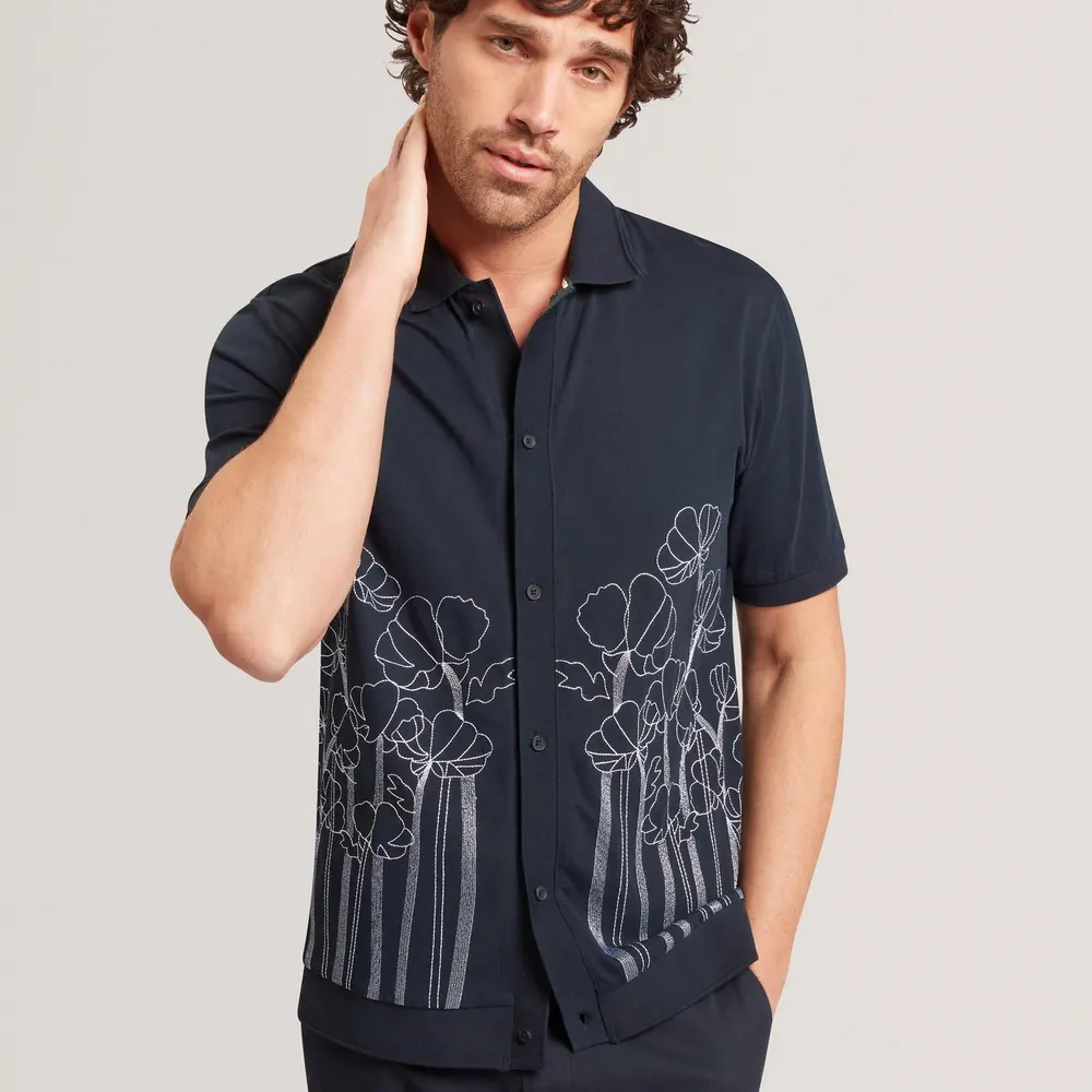 Ted Baker Mens Embroidered Floral Pure Cotton Knit Shirt detail 2