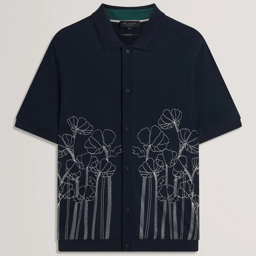 Ted Baker Mens Embroidered Floral Pure Cotton Knit Shirt