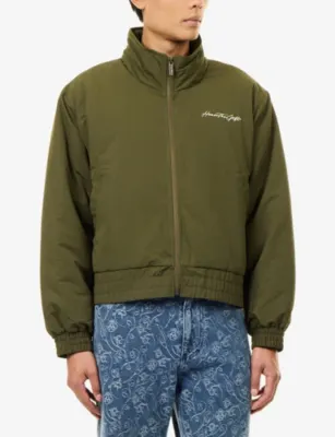 HONOR THE GIFT Script Logo-Graphic Woven Puffer Jacket in OLIVE, additional product view 3