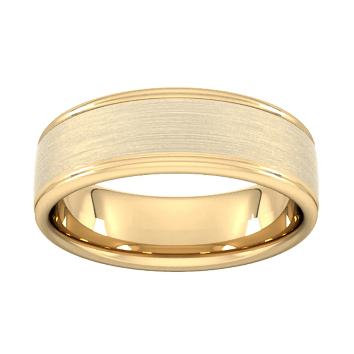 For Him 7mm D Shape Standard Matt Centre With Grooves Wedding Ring In 18 Carat Yellow Gold