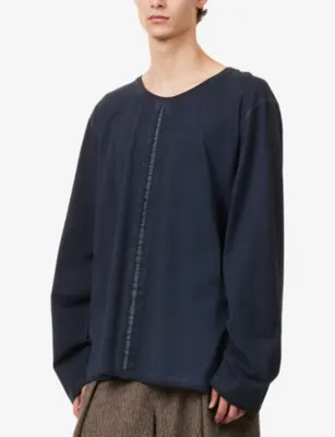 UMA WANG Seam-Detail Long-Sleeved Stretch-Cotton T-Shirt in BLUE, additional product view 3