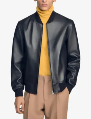 SANDRO Zipped Regular-Fit Leather Bomber Jacket detail 3