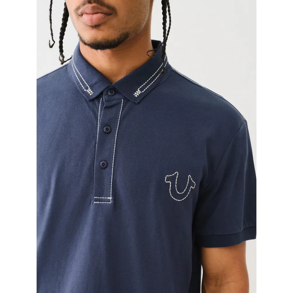 True Religion Big T Embroidered Polo Shirt in Dress Blue, additional product view 3