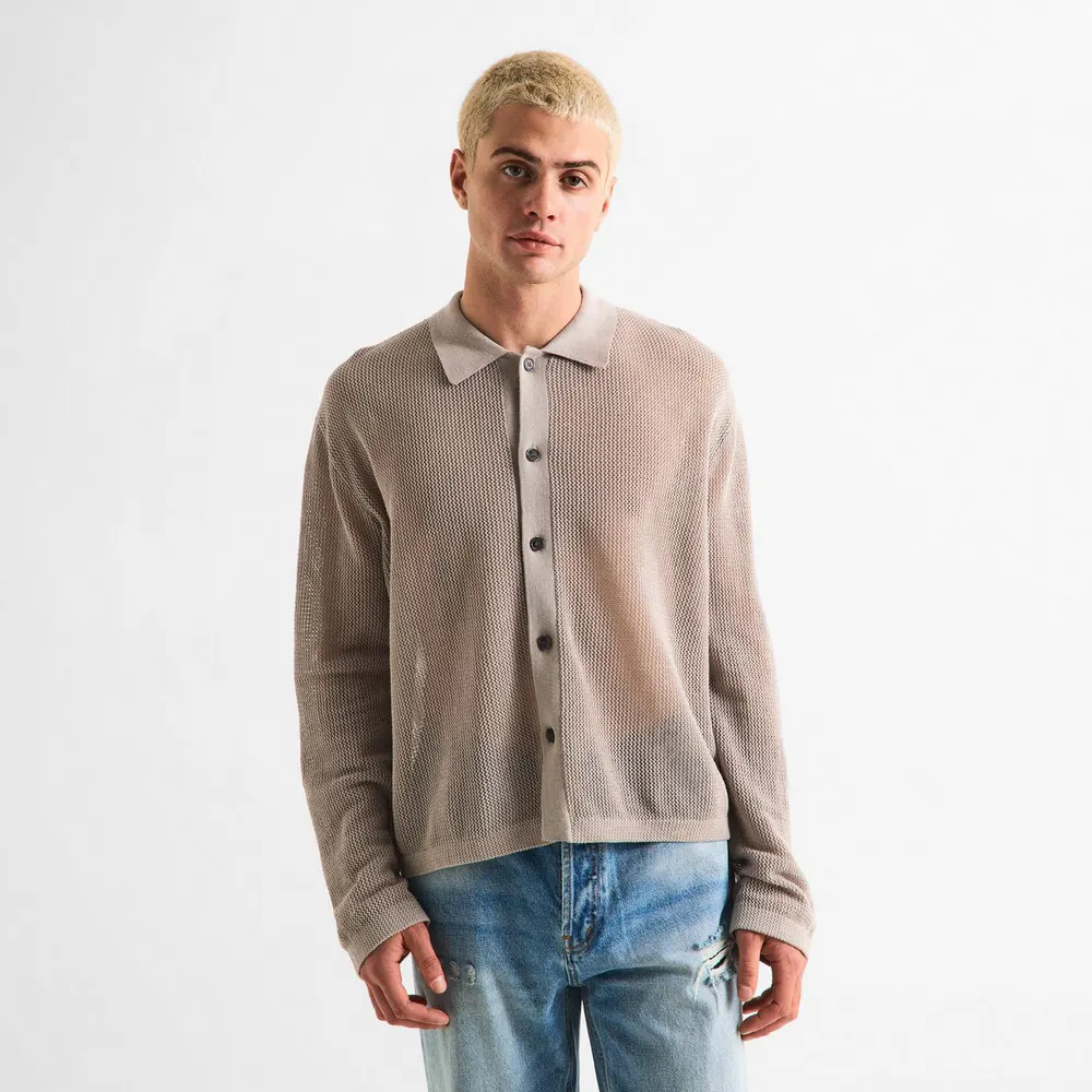 MKI MIYUKI ZOKU Men's Linen Knit Long Sleeve Polo Shirt detail 3
