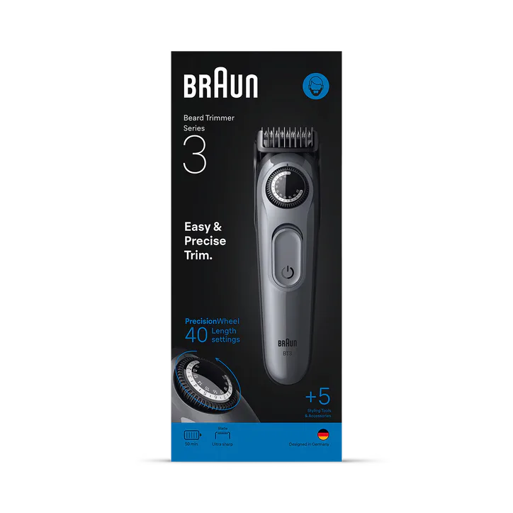 BRAUN Beard Trimmer Series 3, +5 Styling Tools, 40 Lengths, Sharp Blade, BT3560, Grey