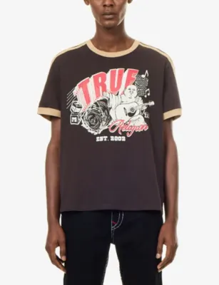 TRUE RELIGION Ringer Brand-Print Cotton T-Shirt in Ground Coffee, additional product view 3