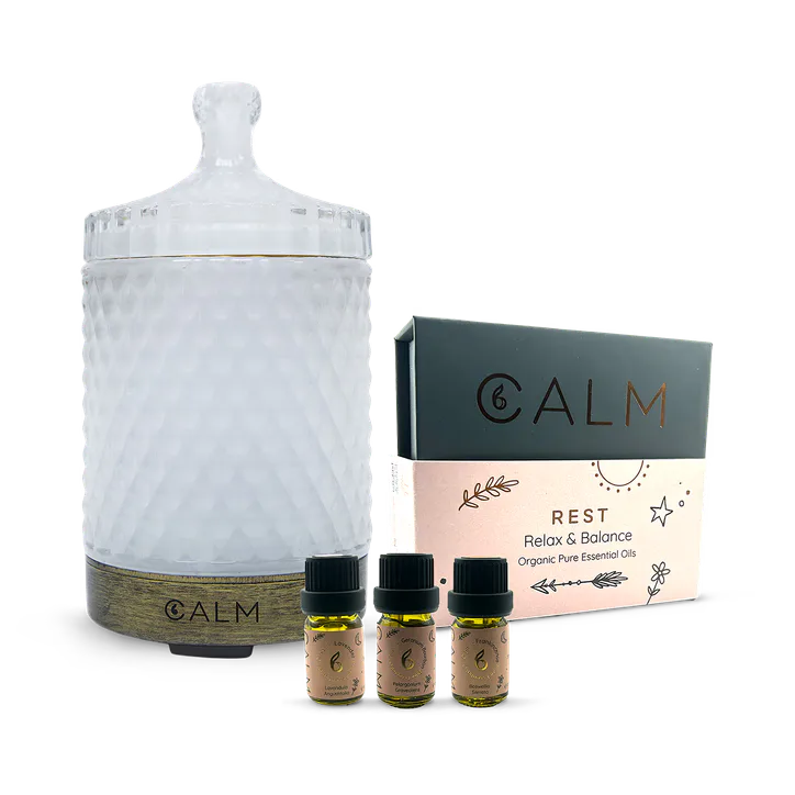 B Calm Aroma Diffuser with Sleep & Balance Essential Oil Set‚ Geranium, Lavender & Frankincense 5ml x 3‚ Rest Calm