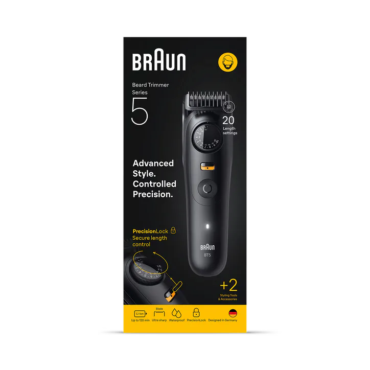 BRAUN Beard Trimmer Series 5, +2 Styling Tools, 20 Lengths, Sharp Blade, BT5500, Black
