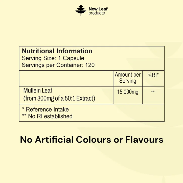 New Leaf Products Mullien Leaf Capsules 120 Capsules detail 3