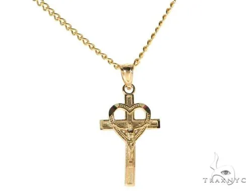 MARYAM - For Him Factory (Mass Production) 10K Yellow Gold Heart Crucifix Cross Charm 24 Inches Cuban Link Chain Set 61811 in Yellow / 18 Inches – Pendant