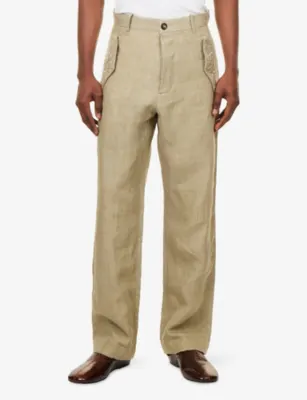 KARTIK RESEARCH Bead-Embellished Straight-Leg Linen Trousers in LIGHT GREEN, additional product view 3