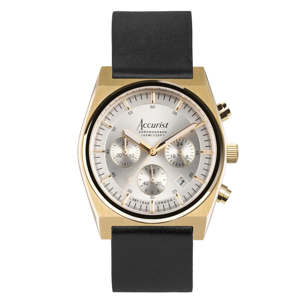 Accurist Origin Chrono Silver Dial Black Leather Mens Watch