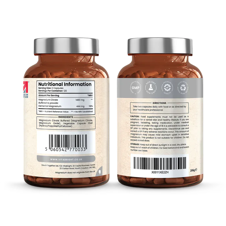 VitaBright Magnesium Citrate - 1480mg per Serving - 444mg Elemental Magnesium - 180 Capsules, additional product view 2