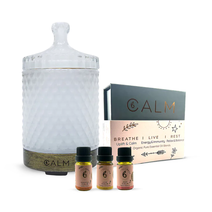 B Calm Aroma Diffuser with Essential Oil Blend Set‚ Stress, Energy & Sleep Support (3 x 10ml)‚ Breathe, Live & Rest Calm