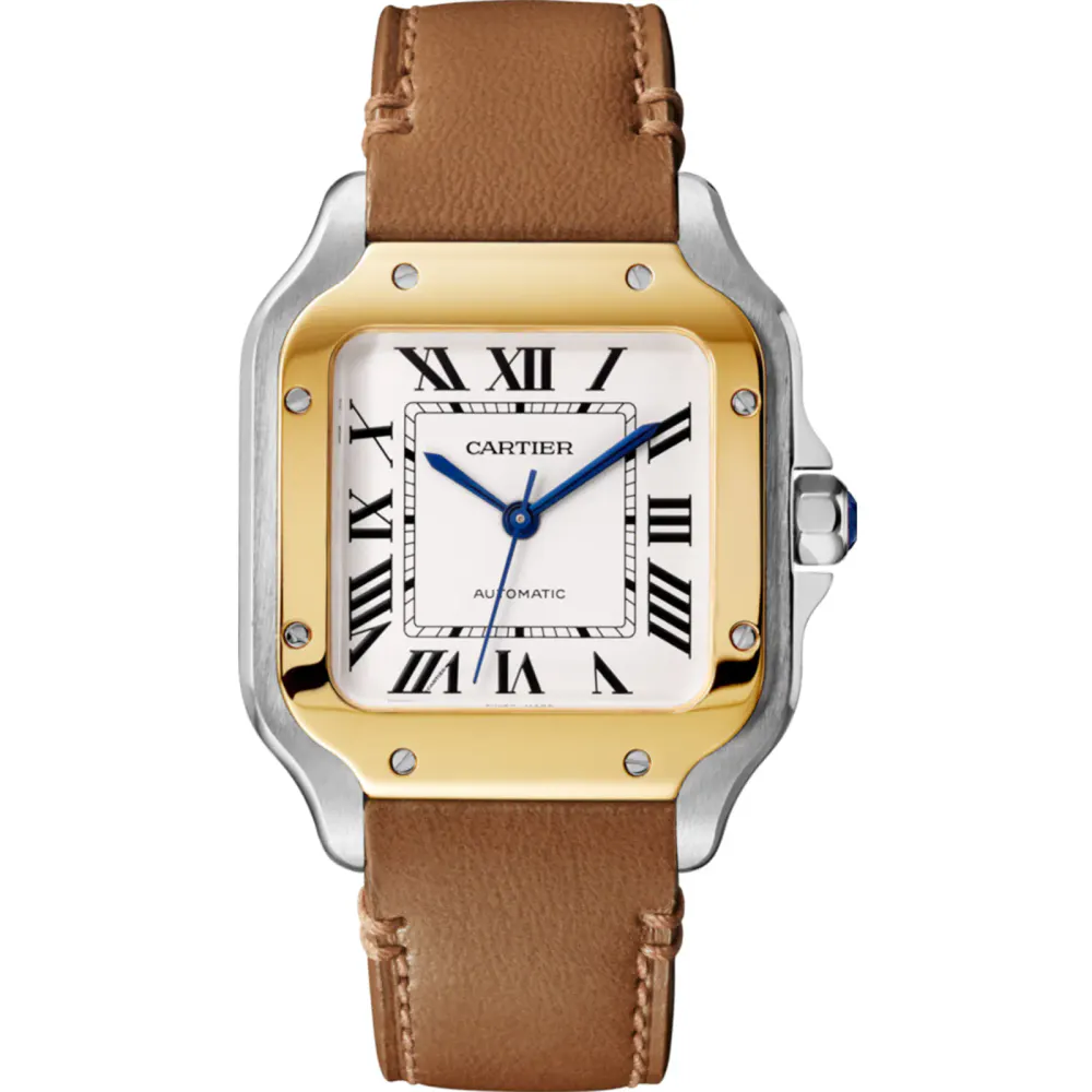 Cartier Santos De Cartier Watch Medium Model, Automatic Movement, Yellow Gold, Steel, Interchangeable Metal And Leather Bracelets detail 2