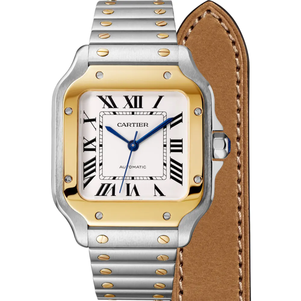 Cartier Santos De Cartier Watch Medium Model, Automatic Movement, Yellow Gold, Steel, Interchangeable Metal And Leather Bracelets detail 3