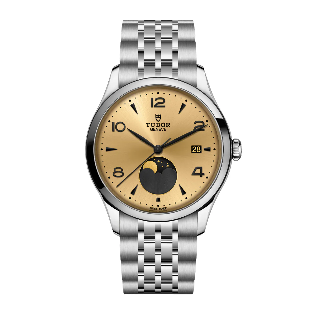 Tudor 1926 Luna 39mm Mens Watch Steel Case Moon Phase Indicator Champagne Dial
