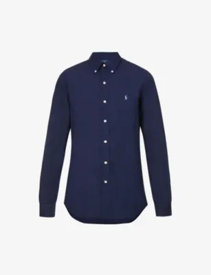 POLO RALPH LAUREN Long-sleeved logo-embroidered custom-fit stretch cotton-poplin shirt - NEWPORT NAVY