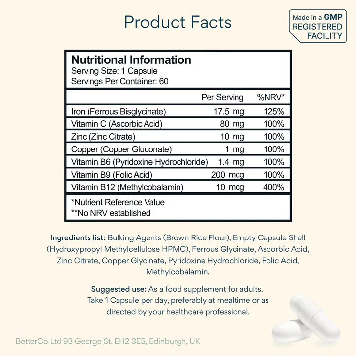 Bettervits Iron Complex With Vitamin C Zinc And Copper 60s, additional product view 3