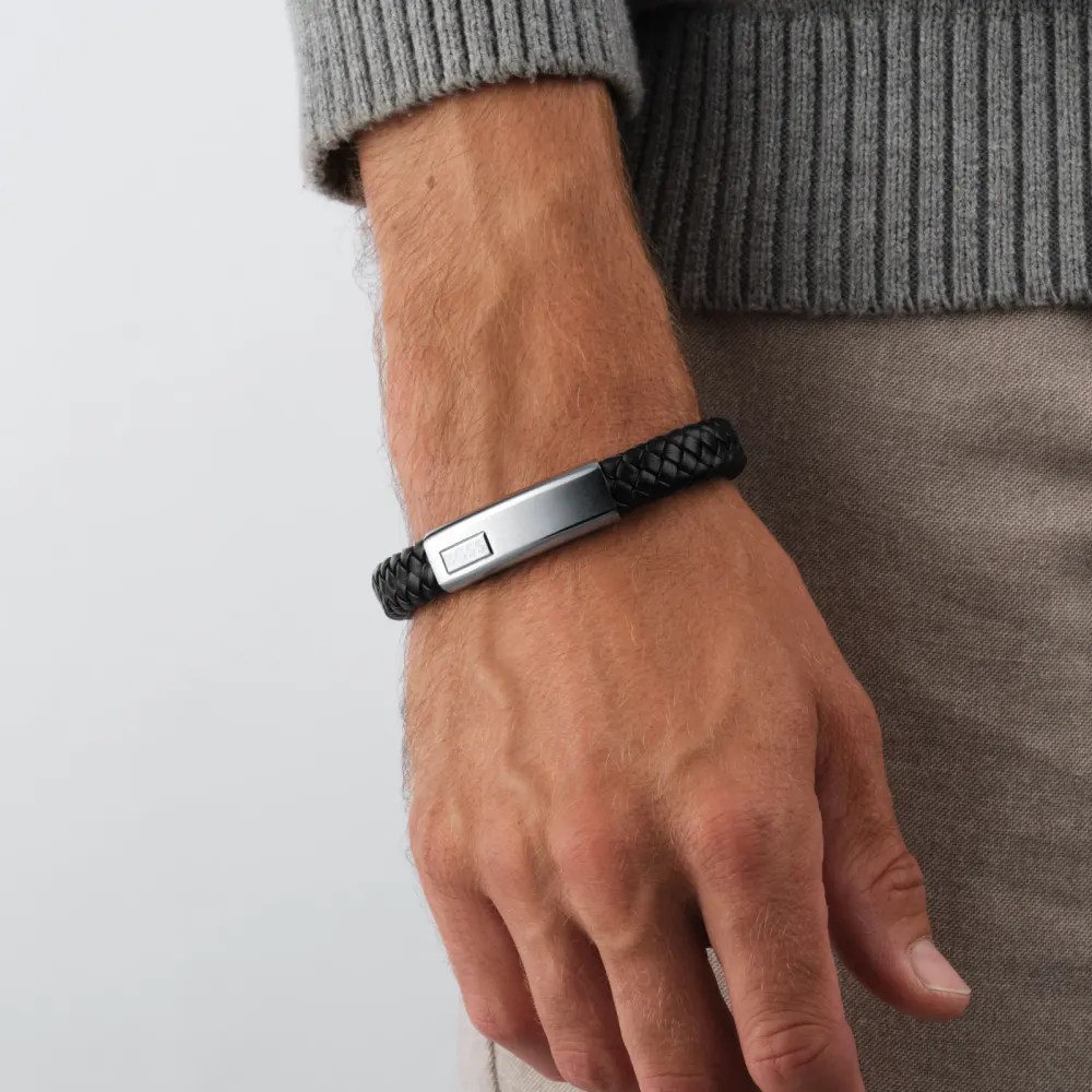 BOSS Mens Black Woven Leather Bracelet detail 2