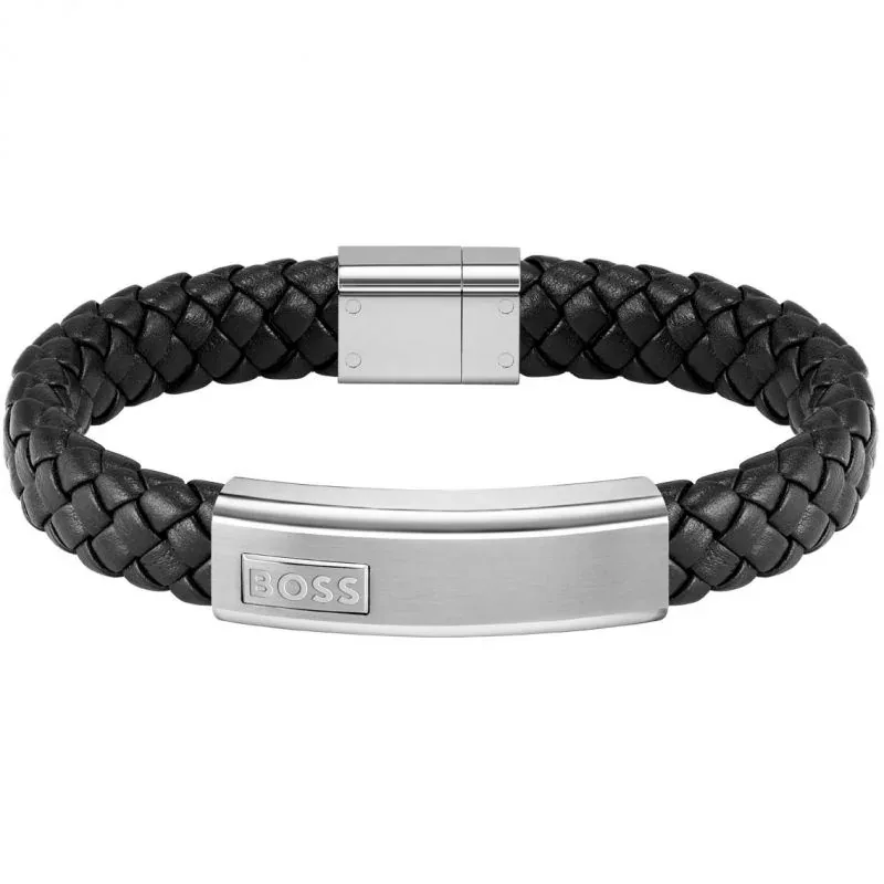 BOSS Mens Black Woven Leather Bracelet