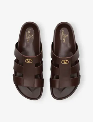 VALENTINO GARAVANI Studshield VLogo Flat Leather Sandals - EUR 42.5 / 8.5 UK MEN in Dark Brown, additional product view 2