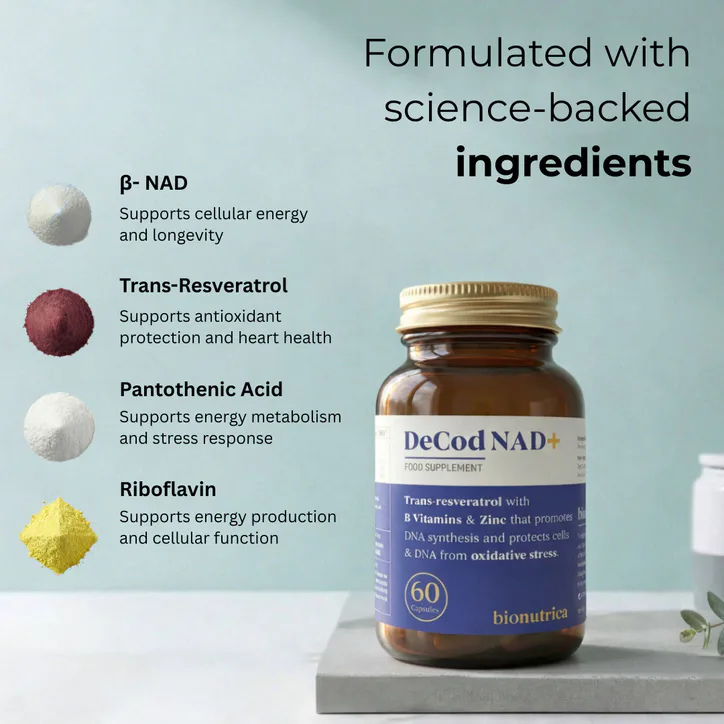 Bionutrica DeCodNAD+ High Potency NAD & Resveratrol (95%) with Zinc, Vitamin B5 & B2 to Support Cellular Energy & Longevity 60 Capsules detail 3