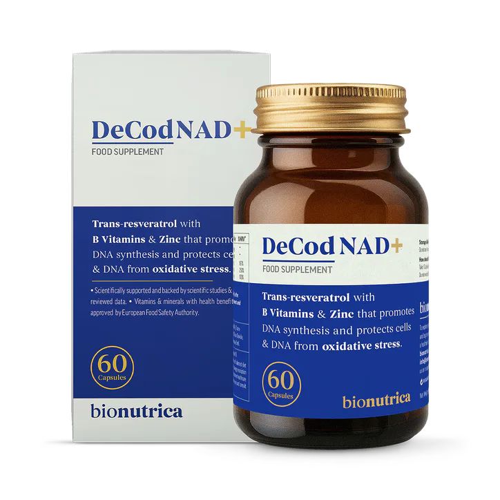 Bionutrica DeCodNAD+ High Potency NAD & Resveratrol (95%) with Zinc, Vitamin B5 & B2 to Support Cellular Energy & Longevity 60 Capsules