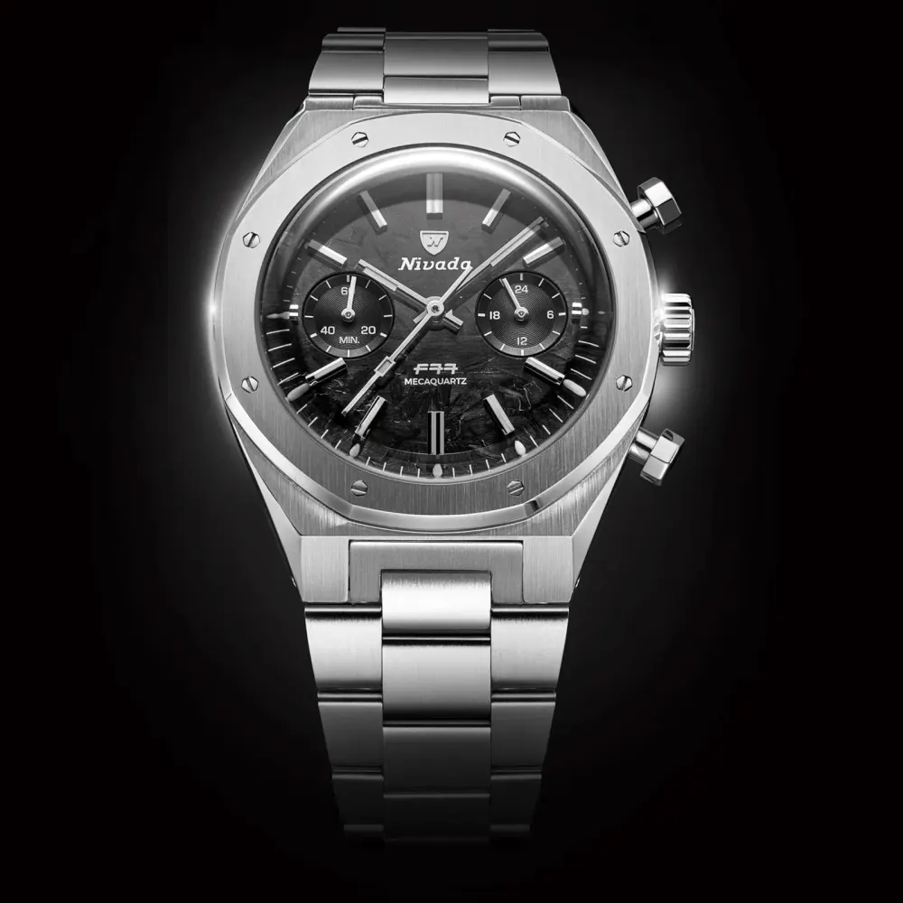 Nivada Grenchen F77 Chrono Mecaquartz MK 38mm Mens Watch Black in Black, additional product view 3